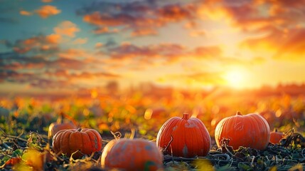 A field of pumpkins with a sunset in the background. Concept of abundance and harvest