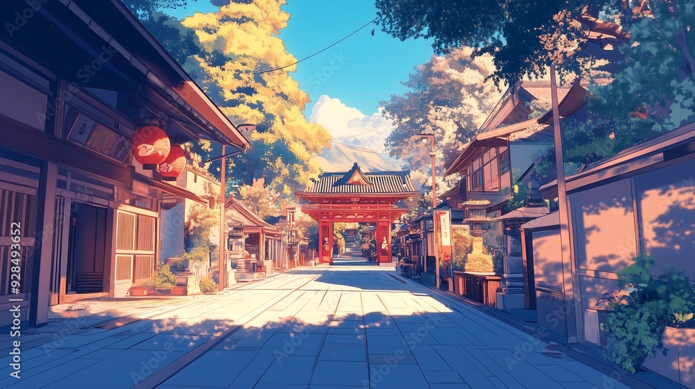 Canvas Prints village town in morning anime style