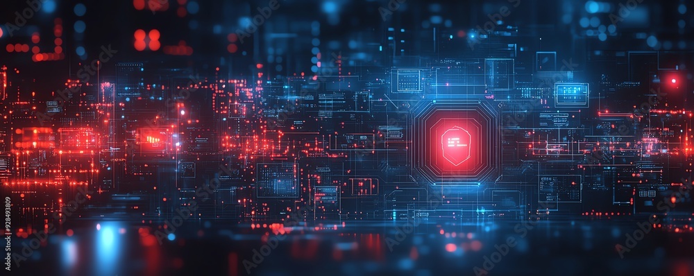 Poster pixel-style cybersecurity icons, dark blue and red tones, representing data security, front view, il