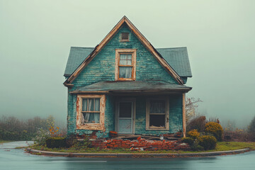 A house with uneven foundations, isolated on a pastel green background, symbolizing the instability caused by inequality,