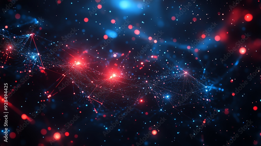 Poster abstract dark blue and red network connections, pixel-style cybersecurity, top view, emphasizing it 