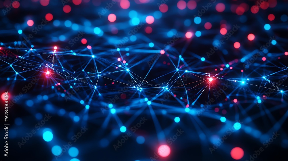 Poster abstract dark blue and red network connections, pixel-style cybersecurity, top view, emphasizing it 