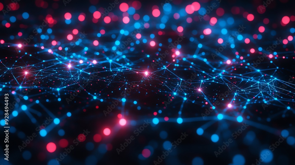 Poster abstract dark blue and red network connections, pixel-style cybersecurity, top view, emphasizing it 
