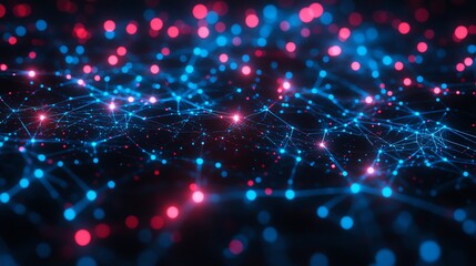 Abstract dark blue and red network connections, pixel-style cybersecurity, top view, emphasizing IT security, digital tone, Tetradic color scheme