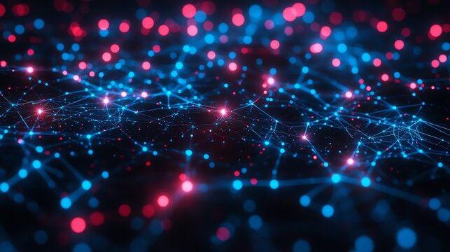 Abstract dark blue and red network connections, pixel-style cybersecurity, top view, emphasizing IT security, digital tone, Tetradic color scheme