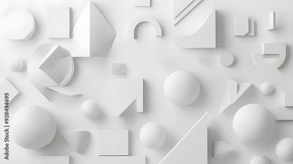 Poster 13. geometric forms of various sizes and shapes arranged in a futuristic 3d pattern on a white backg