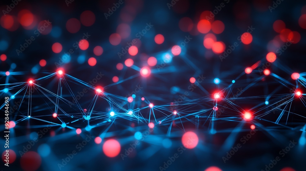 Poster abstract representation of internet network connections in dark blue and red, symbolizing it system 