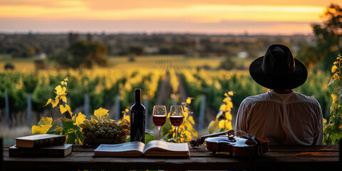Musician relaxing with wine in vineyard