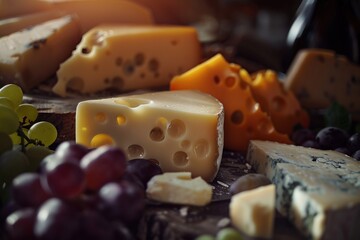 An assortment of various cheeses and grapes displayed on a table. Generative Ai