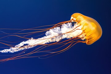 Graceful orange jellyfish swimming in deep blue sea
