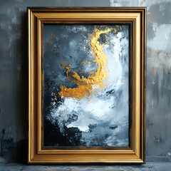 "Mystical Painting Mockup: Old Gold Frame on Grey Background"