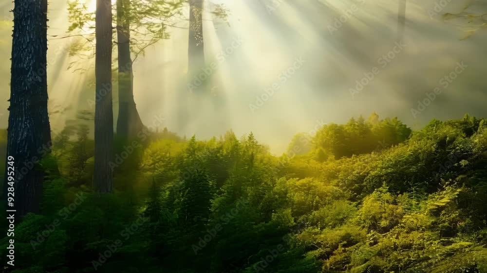 Poster sunlight filters through fog in a lush forest, creating a serene and tranquil scene