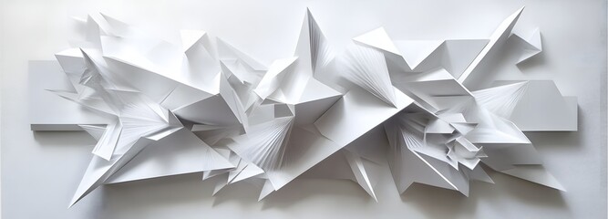 58. Futuristic 3D wall art with layered shapes and floating prisms creating a sophisticated geometric design on white.