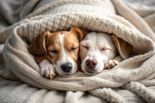 Adorable canine companions cuddle up together, paws entwined, under a soft blanket, sleeping peacefully in a cozy bed, exuding warmth and affection.