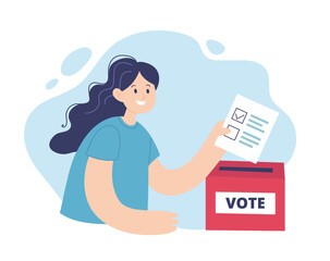 Vote 2024 woman putting a ballot in a voting box. Election campaign concept, vector illustration in flat style