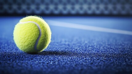 Close-up of tennis ball on blue court surface