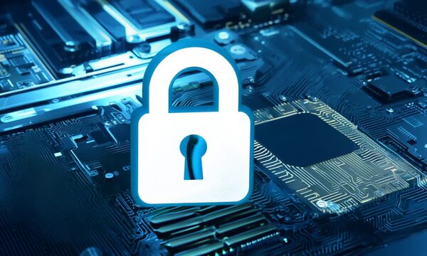 Padlock icon on circuit board, symbol of web security