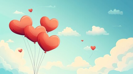 Valentine's Day flat background with heart-shaped balloons and clouds on a blue sky background.