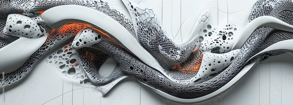 Poster 61. dynamic 3d wall art showcasing interwoven shapes and intricate patterns forming a futuristic des