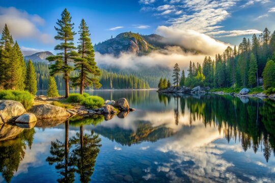 Serene morning at Pinecrest Lake in Stanislaus National Forest, California, featuring misty pine trees, calm water, and majestic granite peaks surrounded by lush greenery.