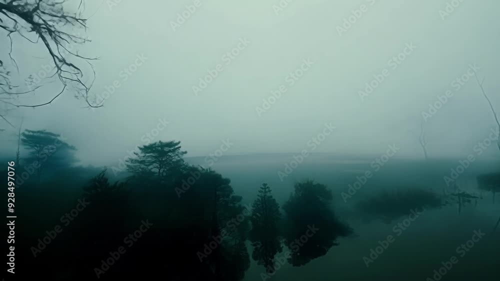 Poster bare trees are reflected in the still water of this swamp as a thick fog settles in, creating an eer