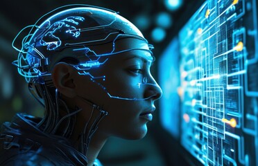 Obraz premium A woman’s head integrated with a computer screen