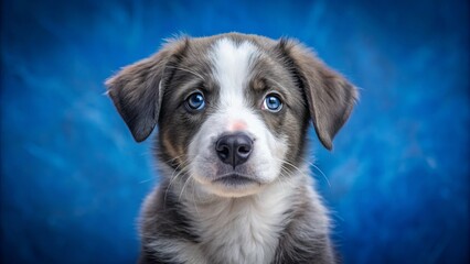A young, adorable bluenose puppy with a beautiful grey and white fur, cute brown eyes, and an innocent look, posing against a natural blue background.