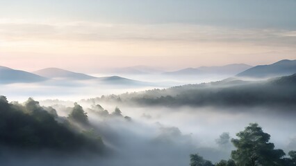 Misty mountains in soft morning light. Suitable for naturethemed designs, travel brochures, inspirational quotes, and calming backgrounds.