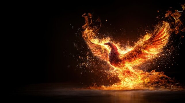 A majestic phoenix rises from flames, symbolizing rebirth and transformation in a stunning display of fire and elegance.
