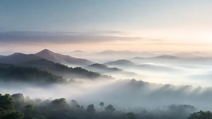 Obraz premium Misty mountains in soft morning light. Suitable for naturethemed designs, travel brochures, inspirational quotes, and calming backgrounds.