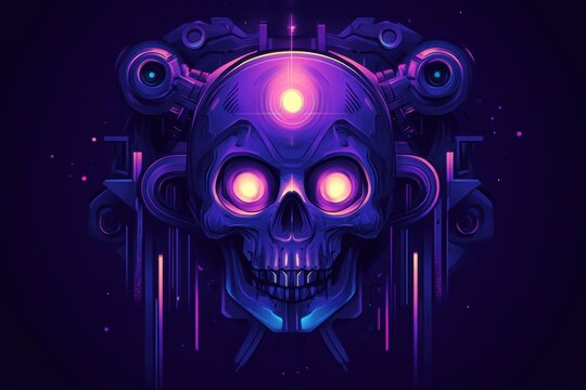 Vibrant cybernetic skull on dark background