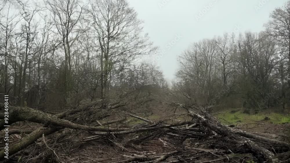 Poster Foggy landscape showing a path through a forest with bare trees and many fallen branches and trunks during a gray winter day