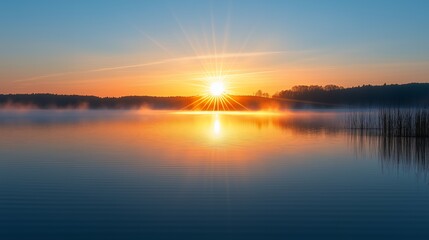 Naklejka premium A breathtaking sunrise over a tranquil lake with fog and trees in the background.