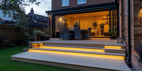 Modern garden room opening onto decking with integrated lighting at dusk