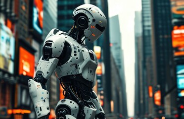 Close-up of a robot in an urban street