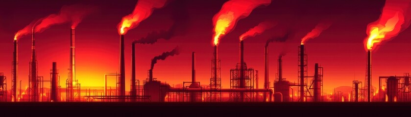 A striking industrial landscape at sunset, showcasing smoke stacks against a vibrant orange sky.