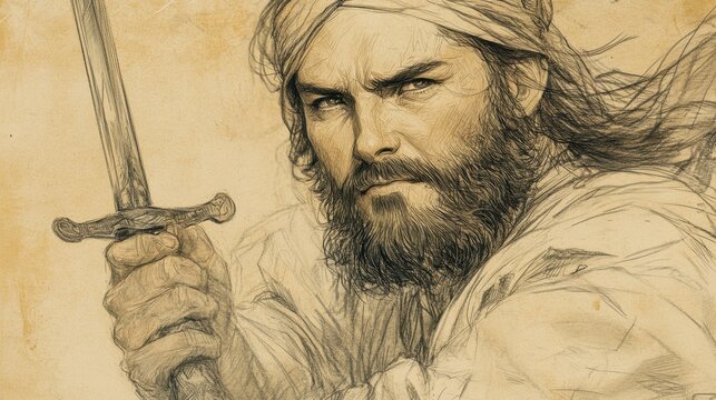 Biblical Illustration of a Jewish Defender Standing Firm in Susa: Close-Up of a Determined Man With Sword Raised, Defending His Home With Faith and Courage