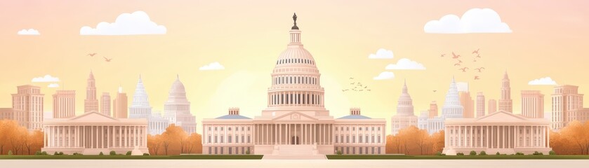 A stunning illustration of a government building under a pastel sunset, showcasing city architecture and serene atmosphere.