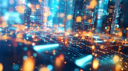 Futuristic Cityscape with Abstract Lights and Network