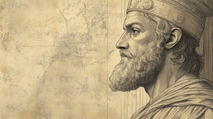 Fototapeta premium Biblical Illustration of King Xerxes Reflecting on the Day’s Events, Satisfied with Justice as He Considers Mordecai’s Loyalty in His Palace