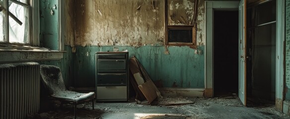 Abandoned Room with Dusty Chair and Metal Cabinet