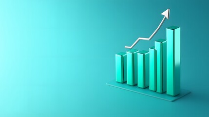 3D bar chart showing an upward trend with an arrow on a teal background, representing business growth and financial success.