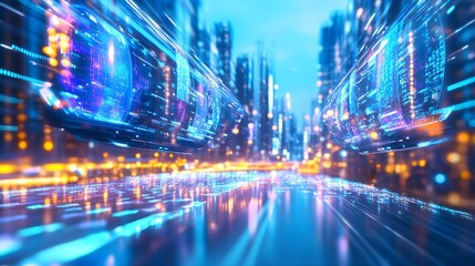 Obraz premium Futuristic Cityscape with Digital Displays and Speed Lines