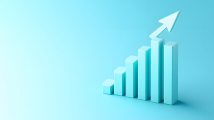 3D bar chart with an upward arrow symbolizing growth and success on a light blue background. Perfect representation of business growth.