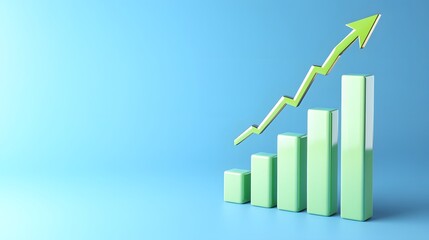 3D bar chart with an upward trending green arrow on a blue background representing growth, progress, or financial improvement.