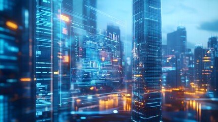 Futuristic Cityscape with Digital Interface and Lights