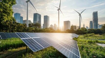 A vibrant urban landscape showcasing solar panels and wind turbines, symbolizing sustainable energy and eco-friendly development.