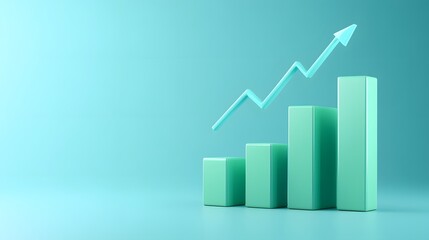 3D bar chart with arrow showing upward growth on teal background, representing business success and financial progress.