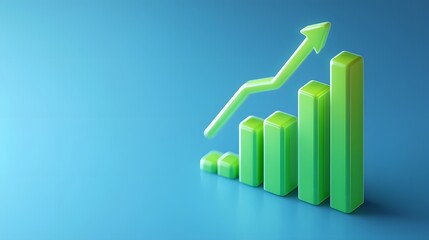 3D bar chart with ascending green bars and arrow indicating growth on blue background. Concept of business success, progress, and financial growth.