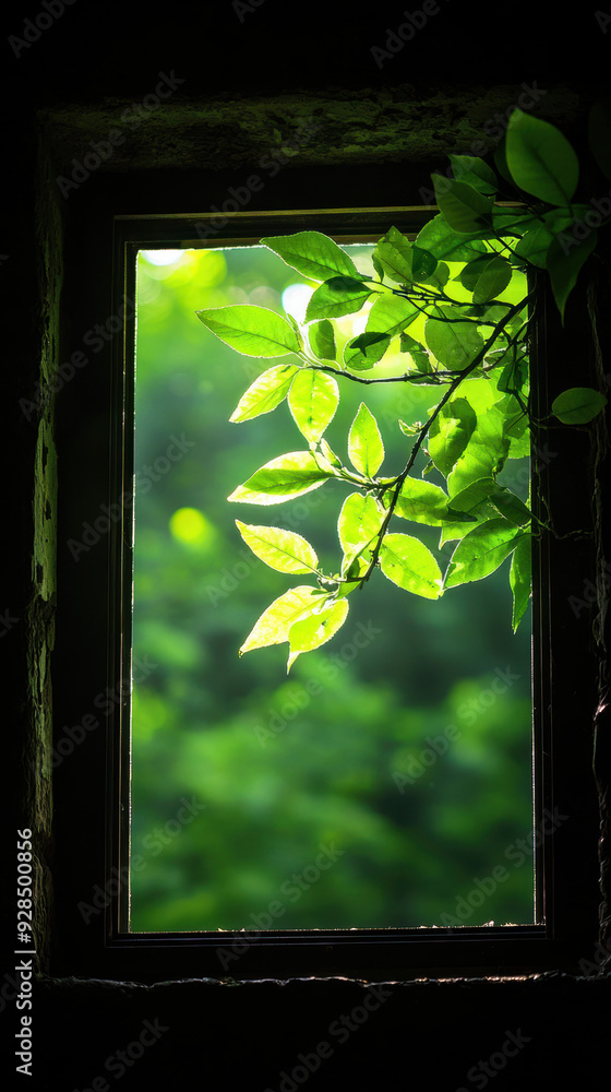 Poster a window with a leafy branch in it